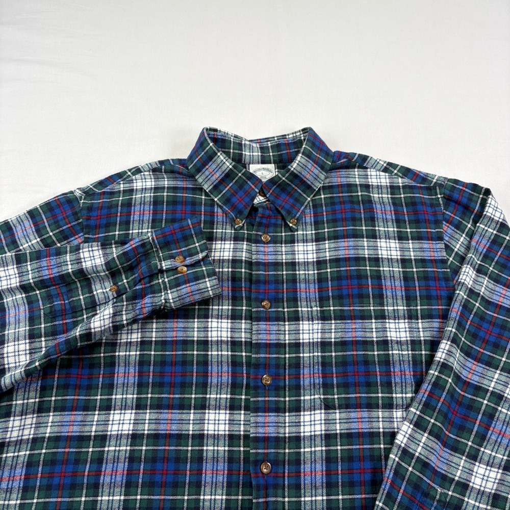Brooks Brothers Shirt Men Large Green Blue Plaid Regent Button Up Casual Flannel